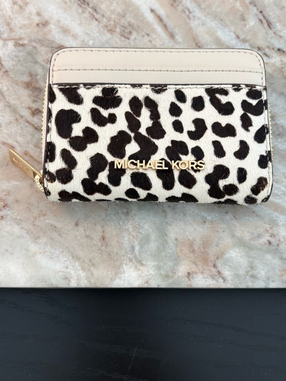 Michael Kors Cream and Black Leopard Compact Zip Card Case
